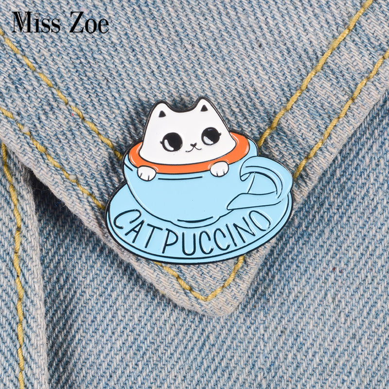 Cat coffee Enamel pin Coffee cup brooch Bag Clothes Lapel Pin Button Badge Cartoon cute animal Jewelry Gift for friends kids