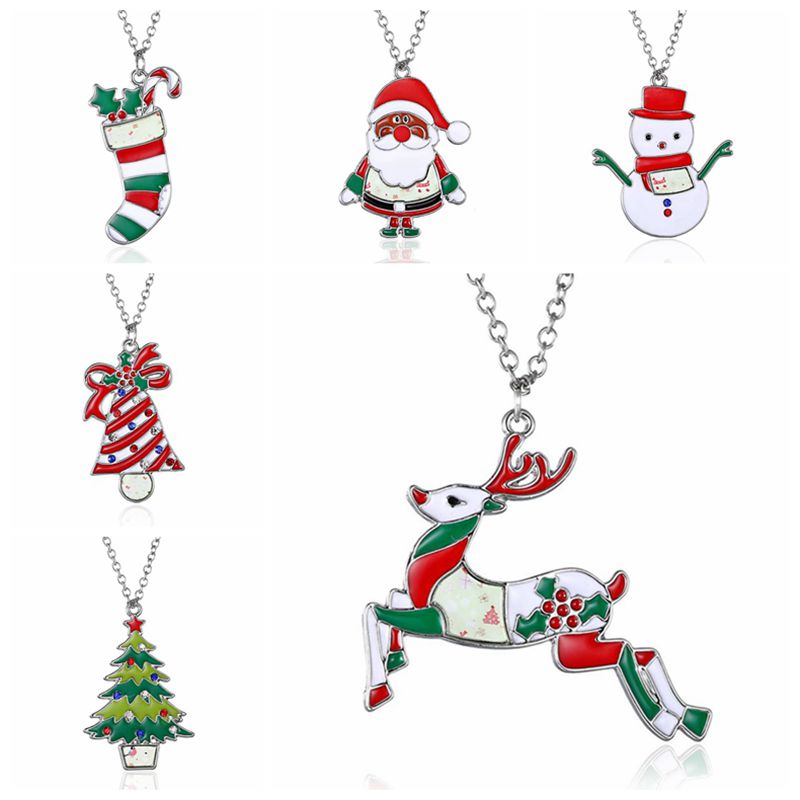 Rinhoo Christmas Necklace Enamel Jewelry Print snowman deer socks Christmas tree  Pendant Necklace 2018 new year gift