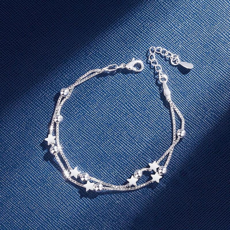 DAIWUJAN 925 Sterling Silver Double Layers Stars Beads Bracelets For Women Elegant Box Chain Charm Bracelet Birthday Party Gift