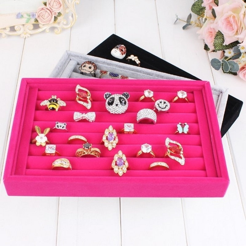 Velvet Suede Ring Earrings Organizer Ear Studs Jewelry Display Stand Holder Rack Showcase Plate Jewelry Box